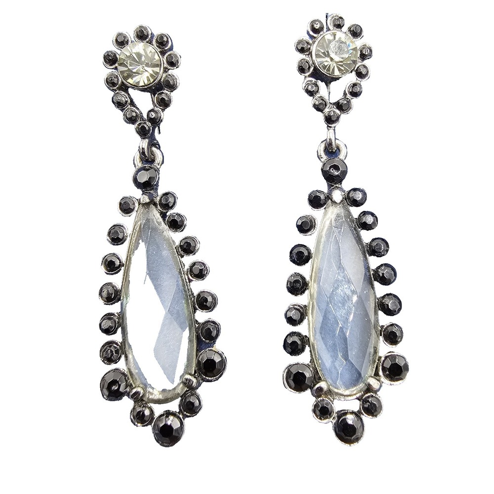 Avon Black Diamond Clip On 2" Drop Earrings Vintage Dangle Fashion Jewelry Vtg